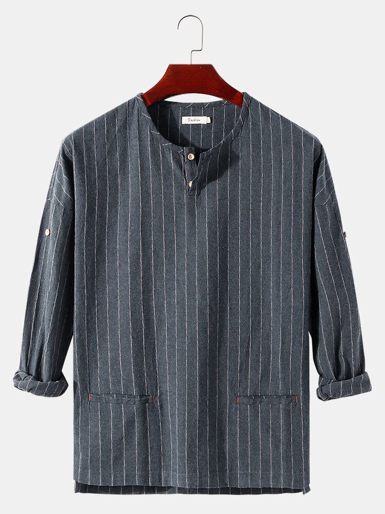 Heren Streep Half Open Kraag Dubbele Zak Casual Henley Shirts
