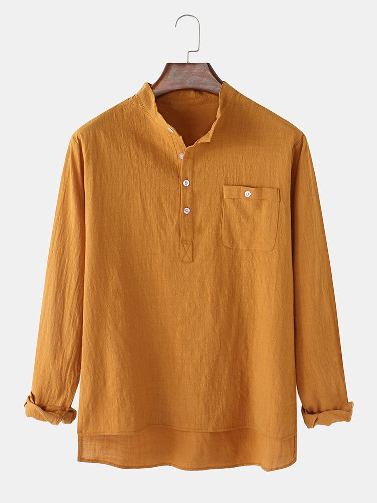 Heren Vlas Borstzak Lange Mouw Effen Kleur Henley Shirts Met Hoge Lage Zoom