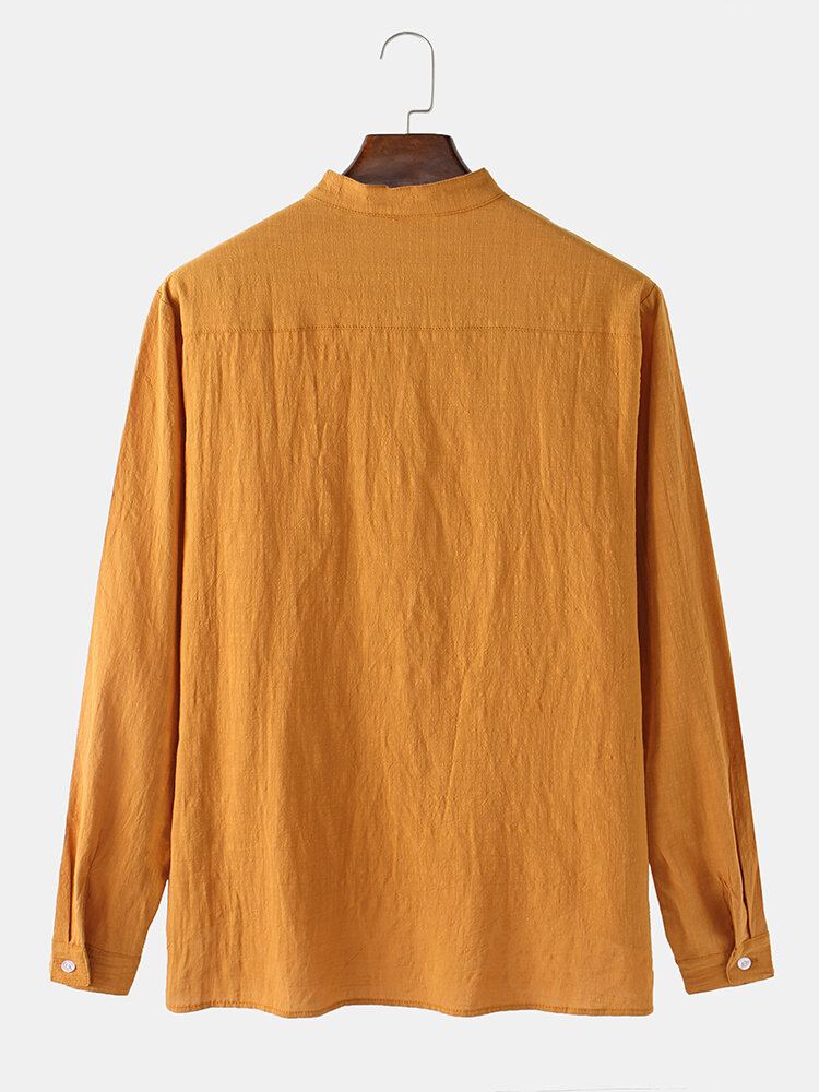 Heren Vlas Borstzak Lange Mouw Effen Kleur Henley Shirts Met Hoge Lage Zoom