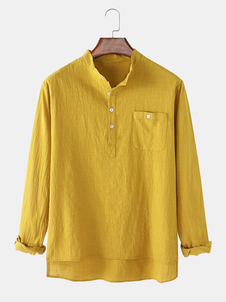 Heren Vlas Borstzak Lange Mouw Effen Kleur Henley Shirts Met Hoge Lage Zoom