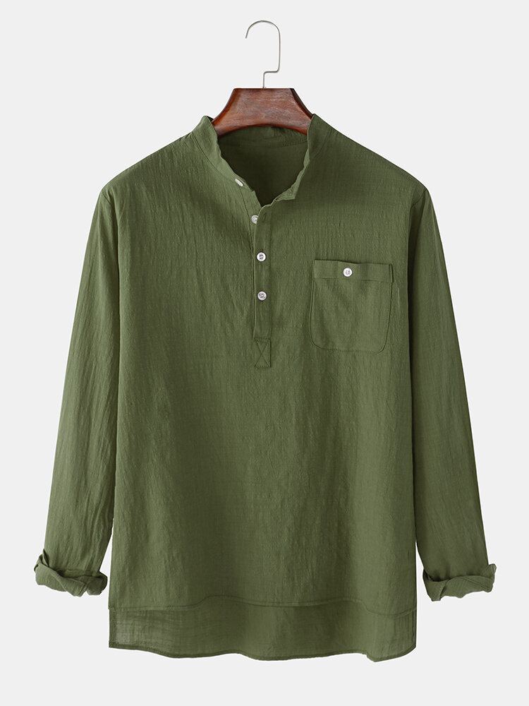 Heren Vlas Borstzak Lange Mouw Effen Kleur Henley Shirts Met Hoge Lage Zoom