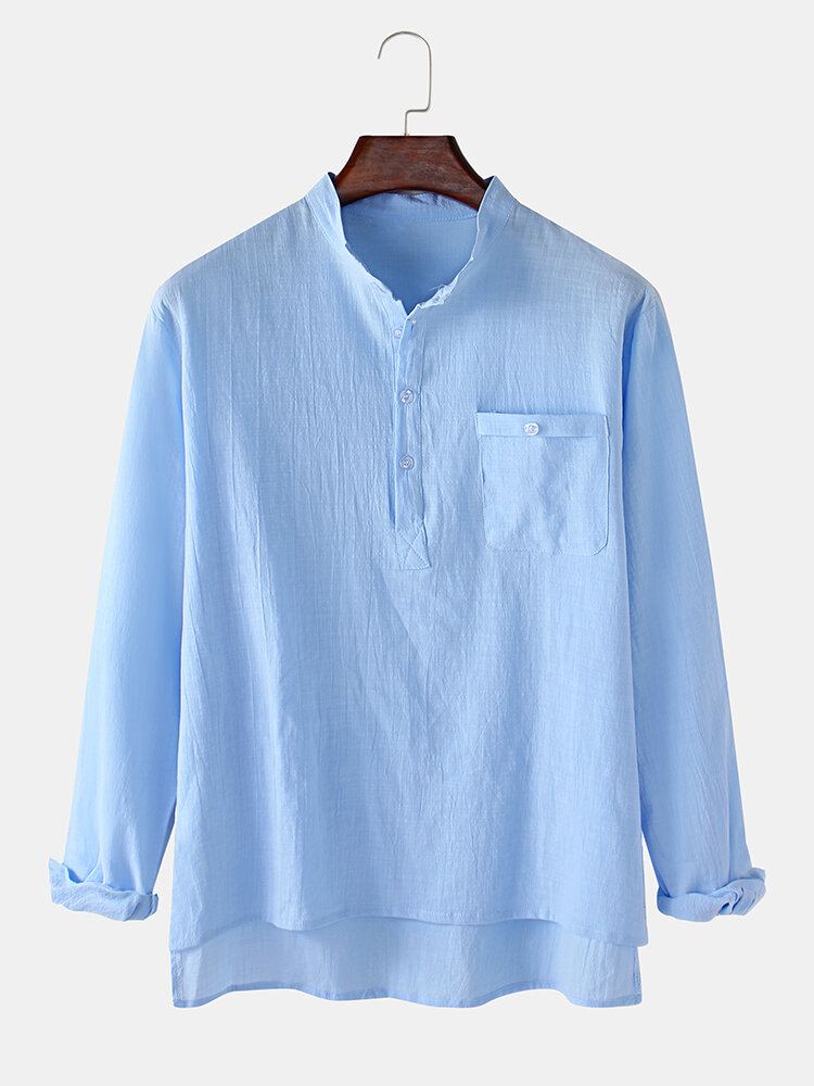 Heren Vlas Borstzak Lange Mouw Effen Kleur Henley Shirts Met Hoge Lage Zoom