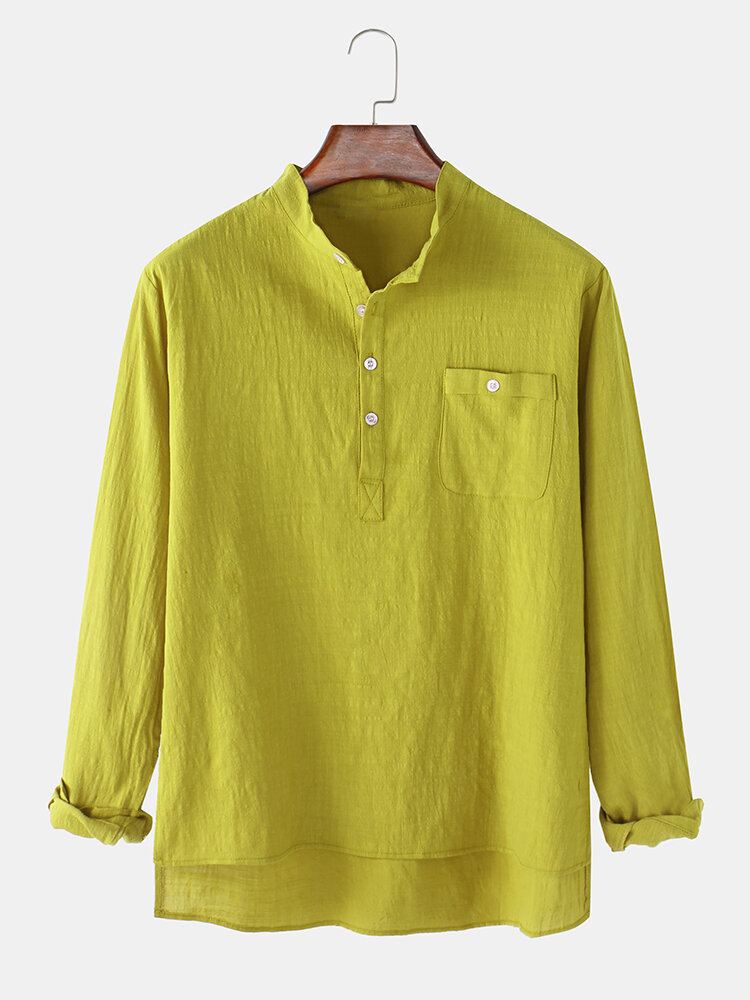 Heren Vlas Borstzak Lange Mouw Effen Kleur Henley Shirts Met Hoge Lage Zoom