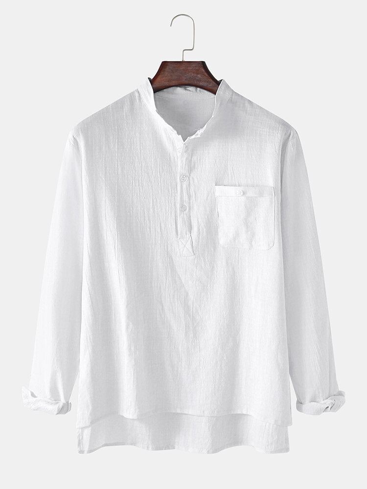 Heren Vlas Borstzak Lange Mouw Effen Kleur Henley Shirts Met Hoge Lage Zoom