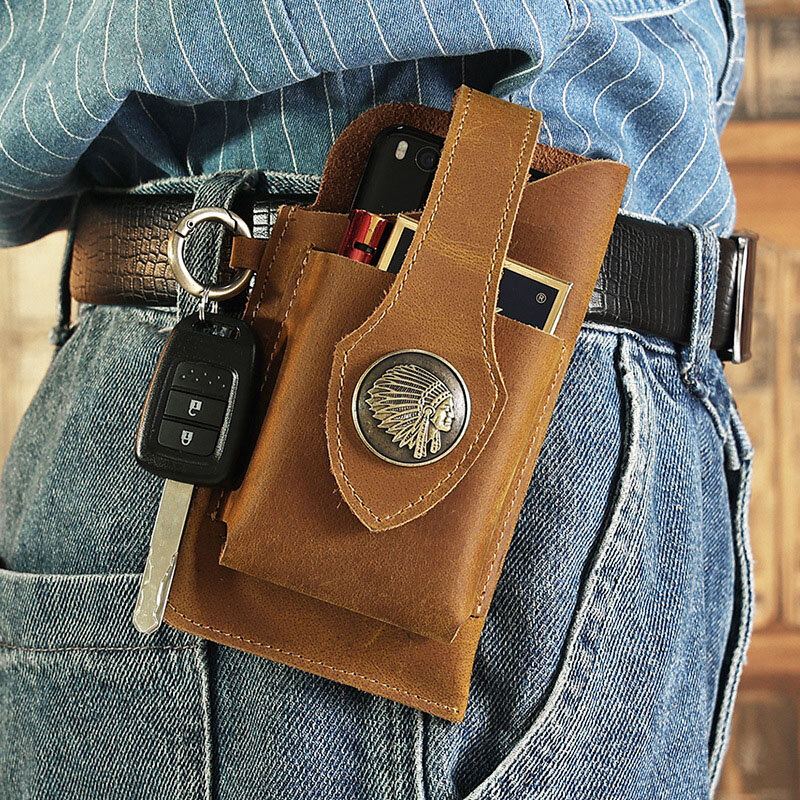 Mannen Eerste Laag Koeienhuid Slijtvaste Sluiting Heuptas Retro 6.5 Inch Telefoon Tas Heuptas