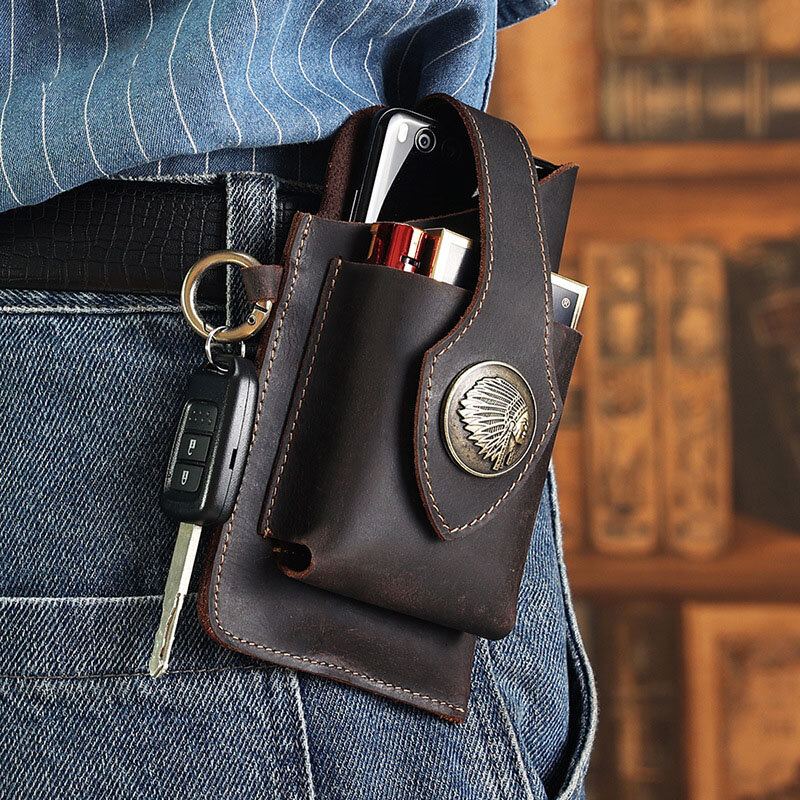 Mannen Eerste Laag Koeienhuid Slijtvaste Sluiting Heuptas Retro 6.5 Inch Telefoon Tas Heuptas