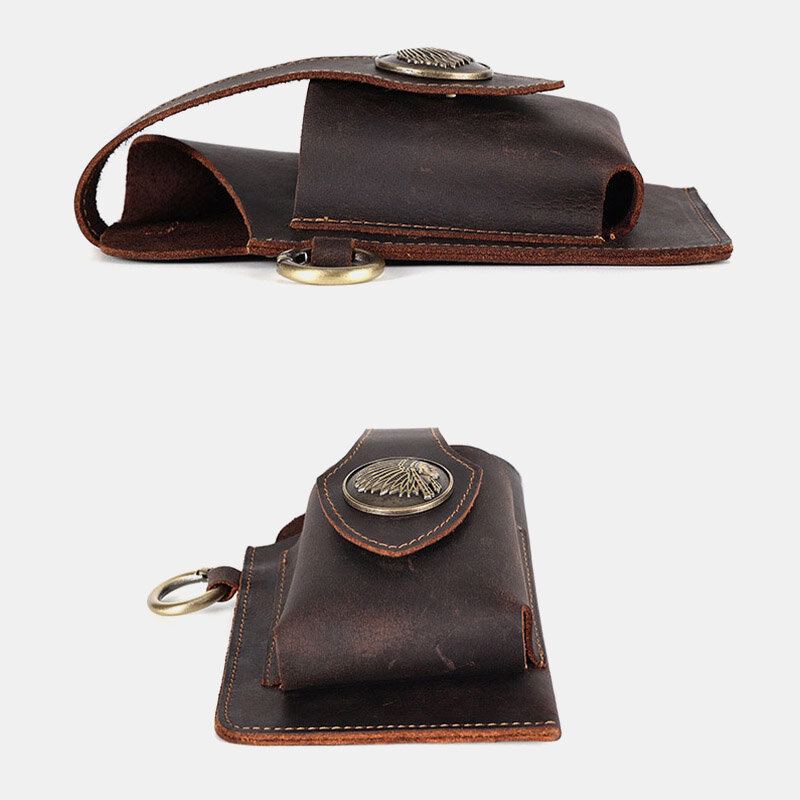Mannen Eerste Laag Koeienhuid Slijtvaste Sluiting Heuptas Retro 6.5 Inch Telefoon Tas Heuptas