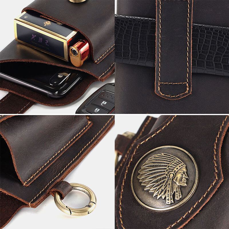 Mannen Eerste Laag Koeienhuid Slijtvaste Sluiting Heuptas Retro 6.5 Inch Telefoon Tas Heuptas