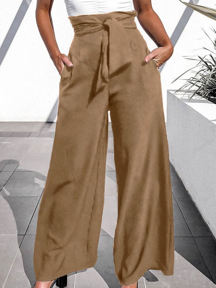 100% Polyester Effen Geplooide Zijzakken Broek Voor Dames