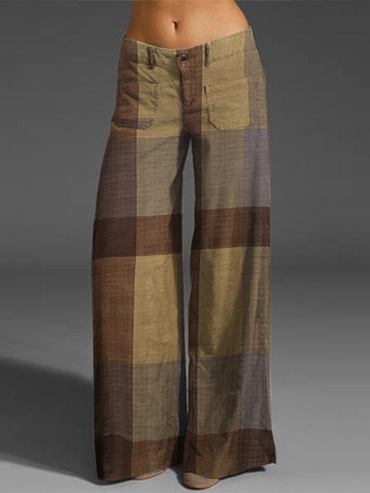 Check Print Pocket Rits Button Broek Voor Dames
