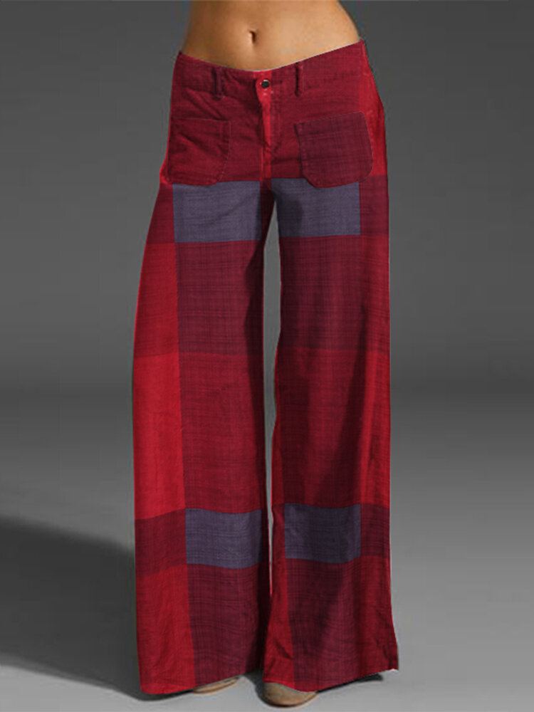 Check Print Pocket Rits Button Broek Voor Dames