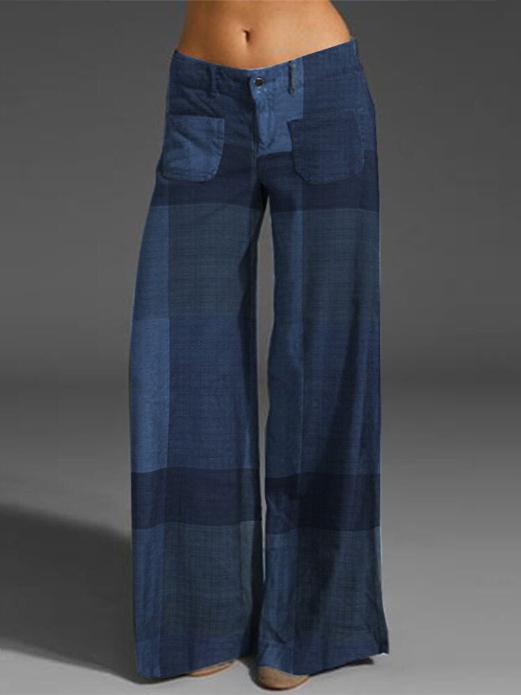 Check Print Pocket Rits Button Broek Voor Dames