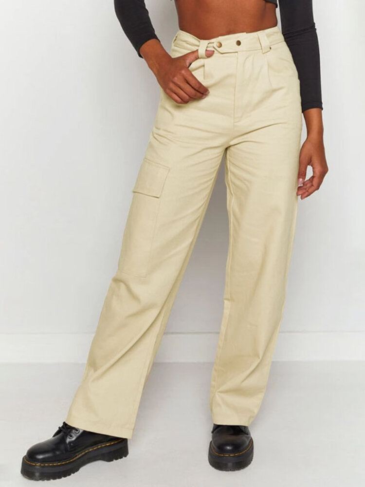 Dames Effen Kleur Midden Taille Casual Rechte Cargo Broek Met Zakken