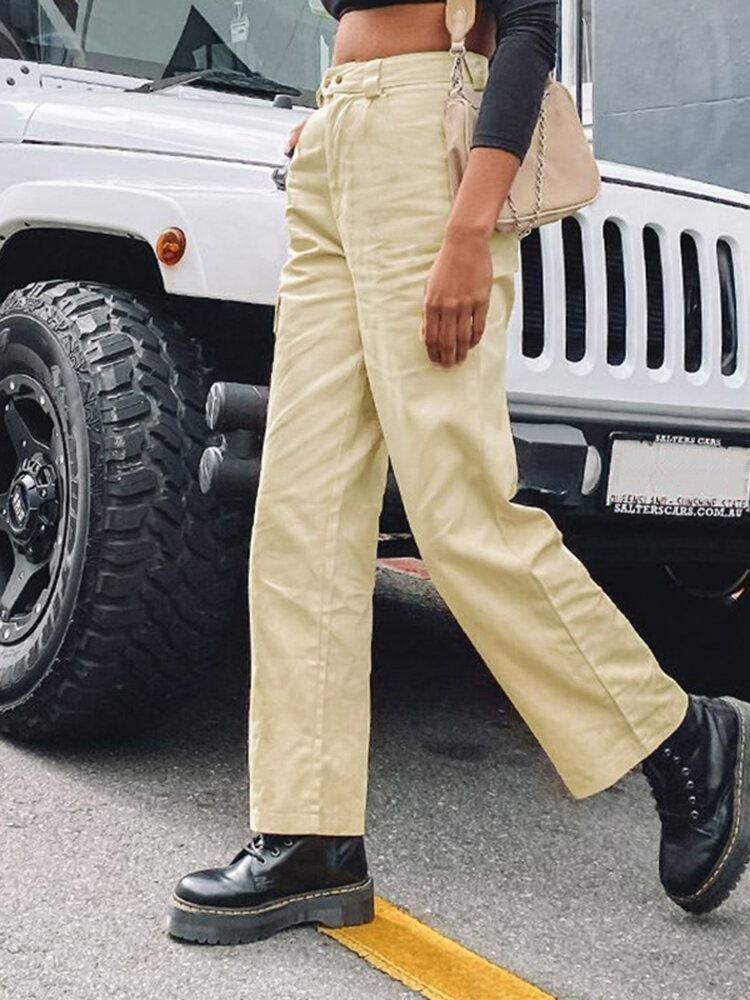 Dames Effen Kleur Midden Taille Casual Rechte Cargo Broek Met Zakken
