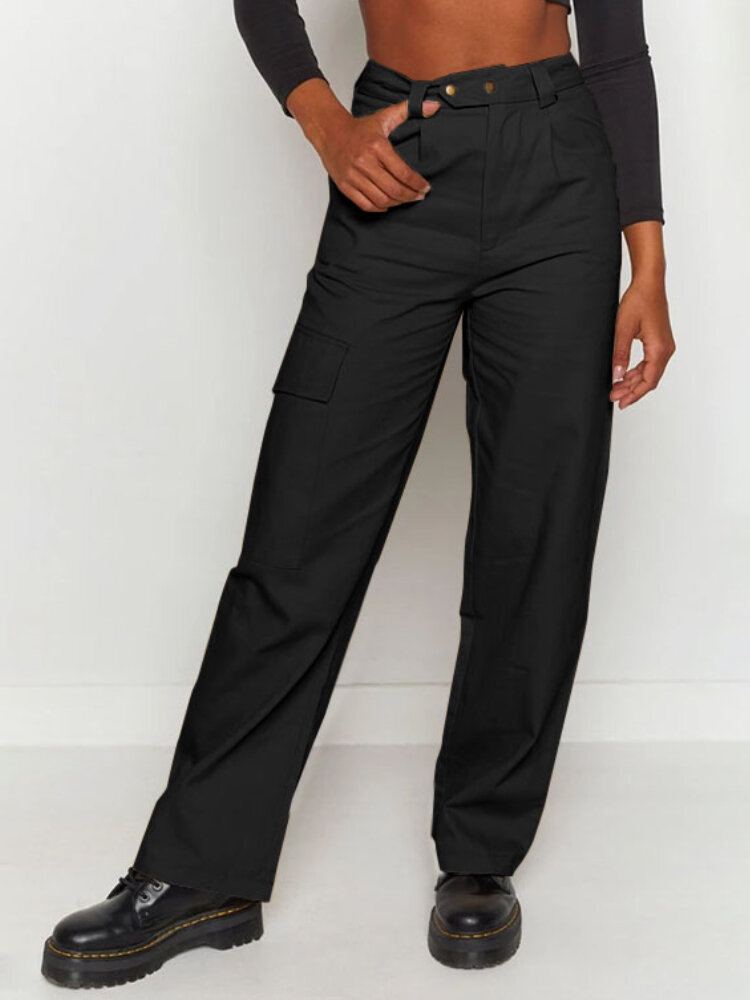 Dames Effen Kleur Midden Taille Casual Rechte Cargo Broek Met Zakken