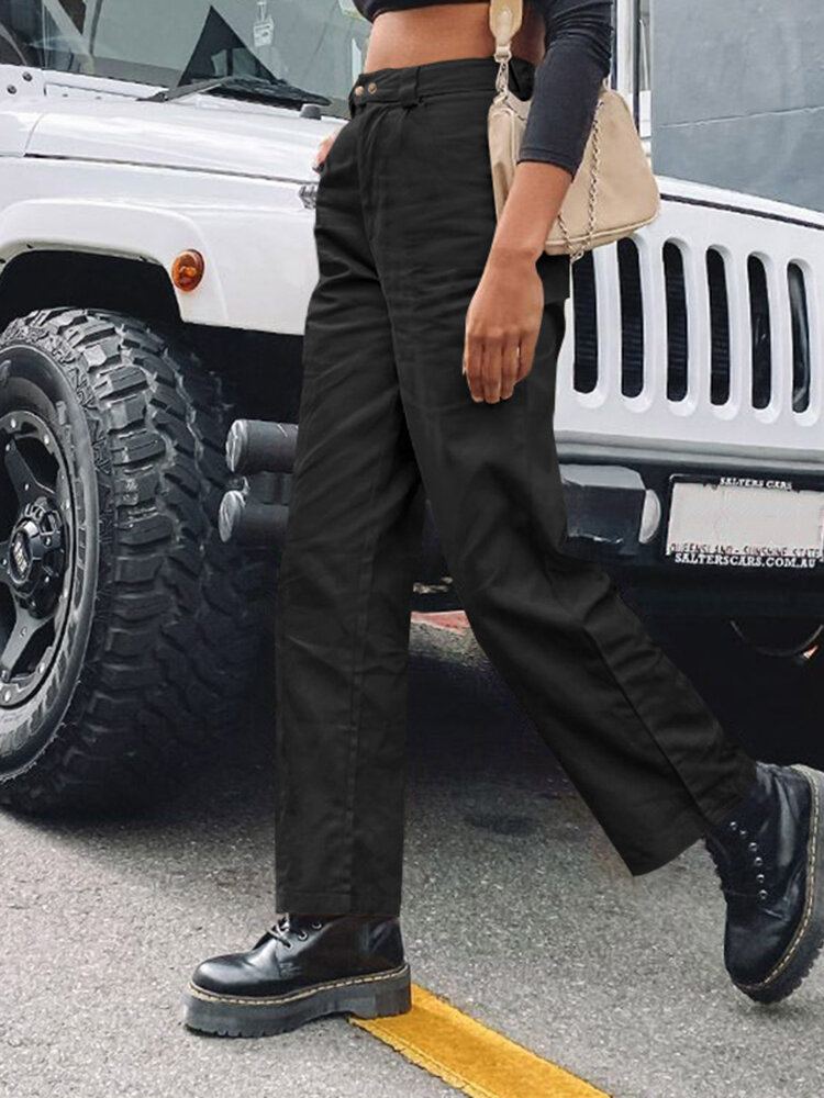 Dames Effen Kleur Midden Taille Casual Rechte Cargo Broek Met Zakken