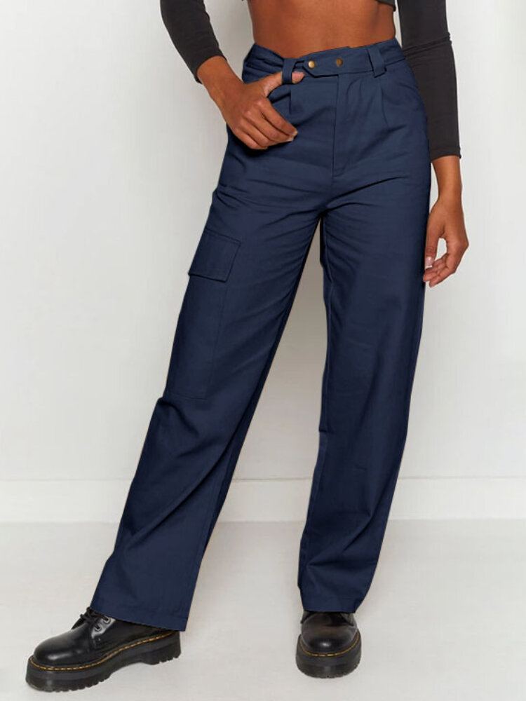 Dames Effen Kleur Midden Taille Casual Rechte Cargo Broek Met Zakken