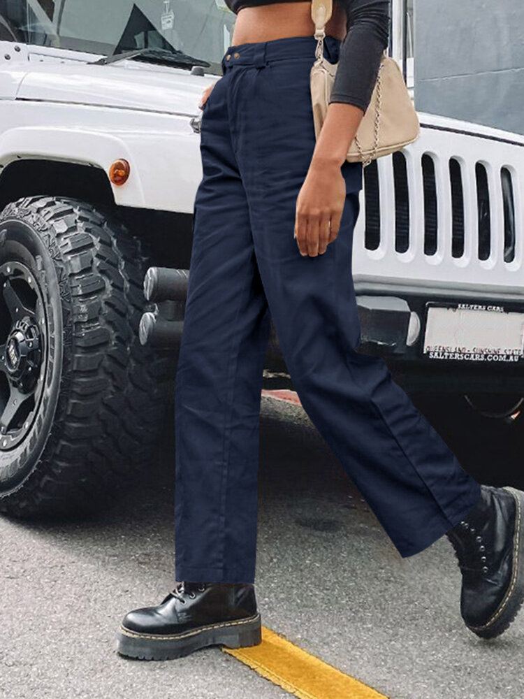 Dames Effen Kleur Midden Taille Casual Rechte Cargo Broek Met Zakken