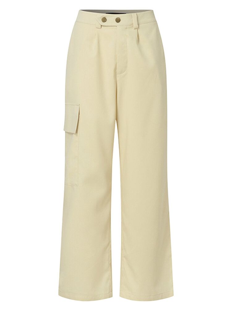 Dames Effen Kleur Midden Taille Casual Rechte Cargo Broek Met Zakken