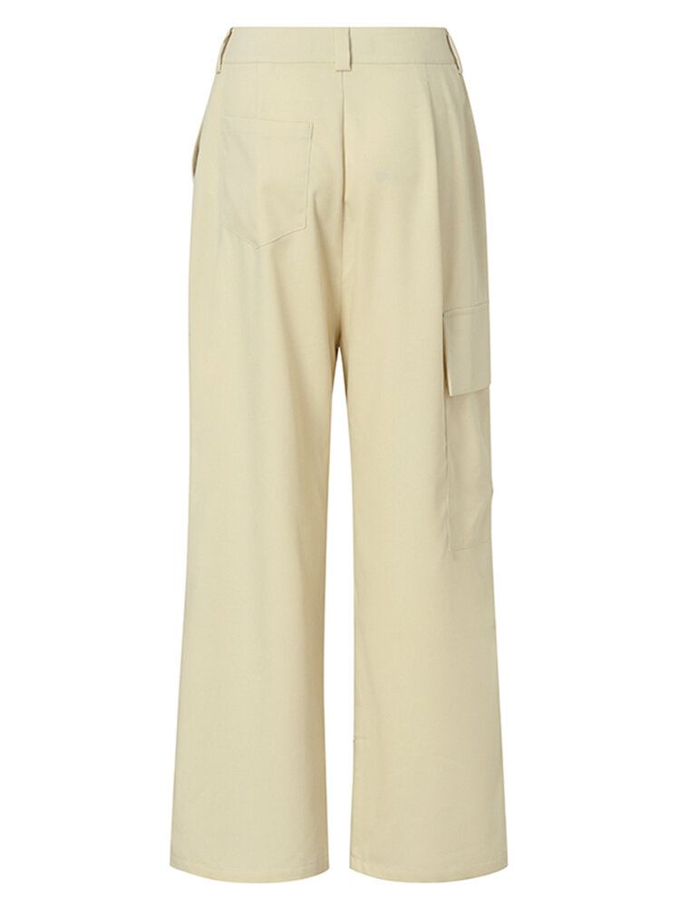 Dames Effen Kleur Midden Taille Casual Rechte Cargo Broek Met Zakken
