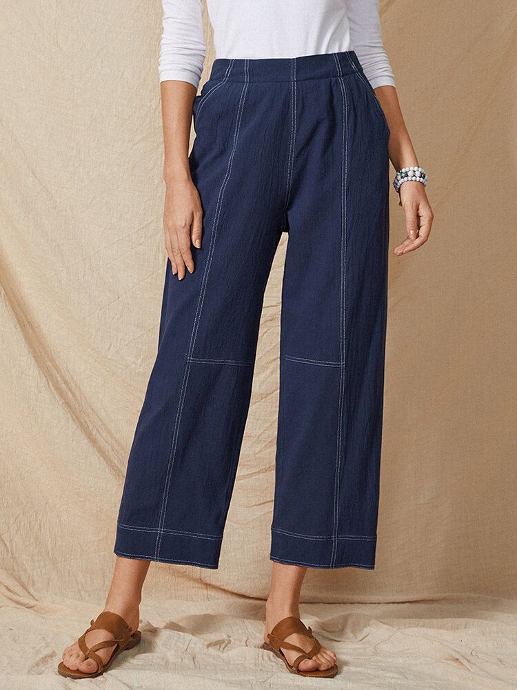 Effen Kleur Elastische Taille Casual Katoenen Rechte Been Losse Dames Broek