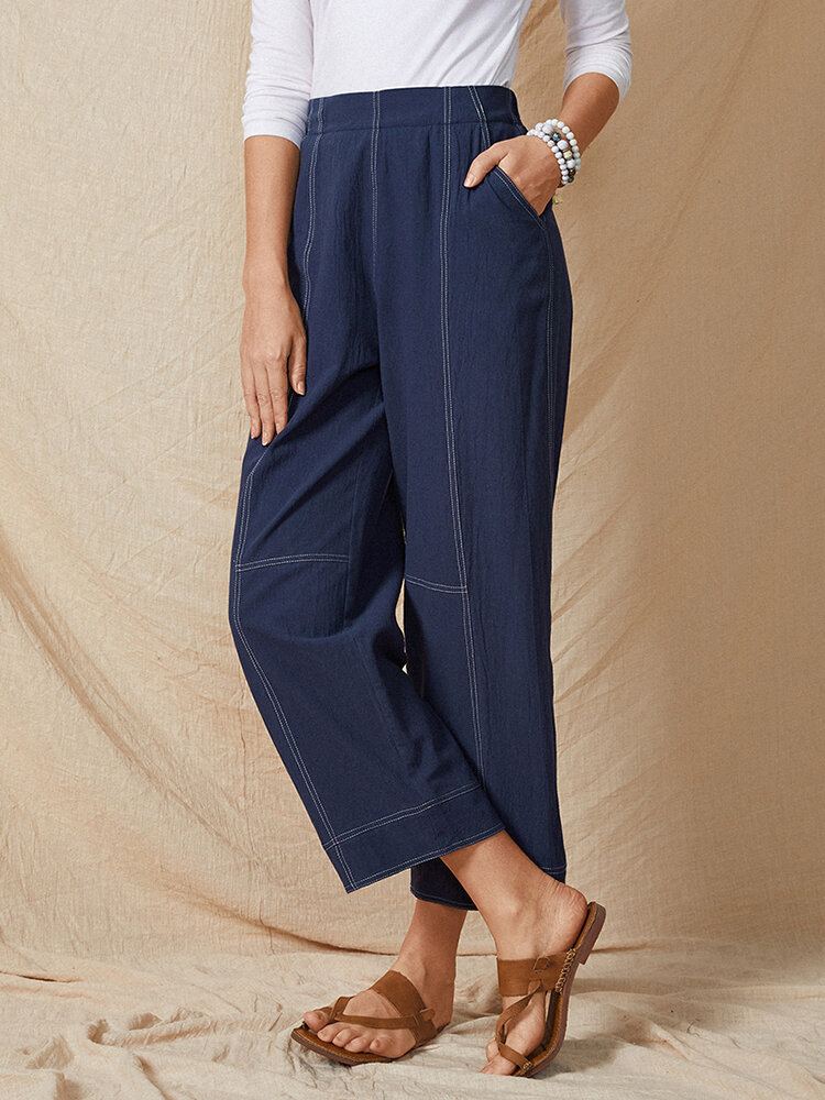 Effen Kleur Elastische Taille Casual Katoenen Rechte Been Losse Dames Broek