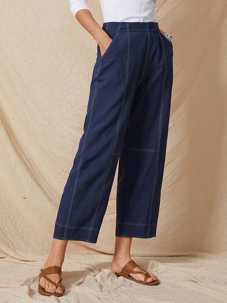 Effen Kleur Elastische Taille Casual Katoenen Rechte Been Losse Dames Broek