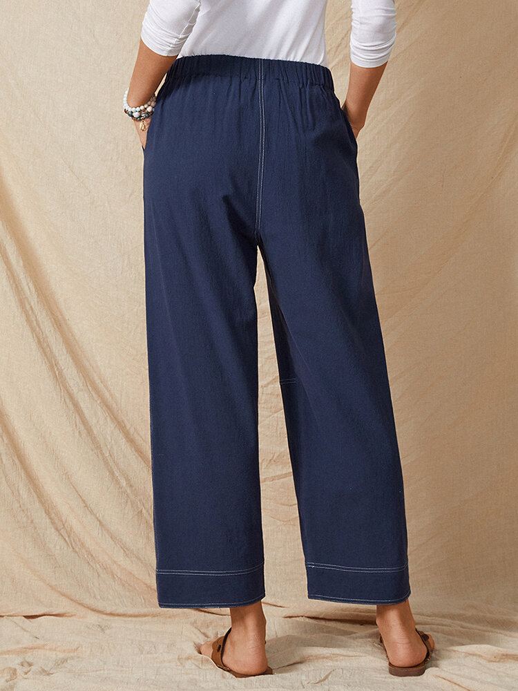 Effen Kleur Elastische Taille Casual Katoenen Rechte Been Losse Dames Broek