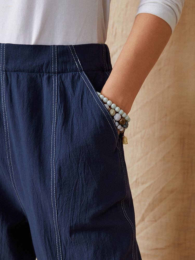 Effen Kleur Elastische Taille Casual Katoenen Rechte Been Losse Dames Broek