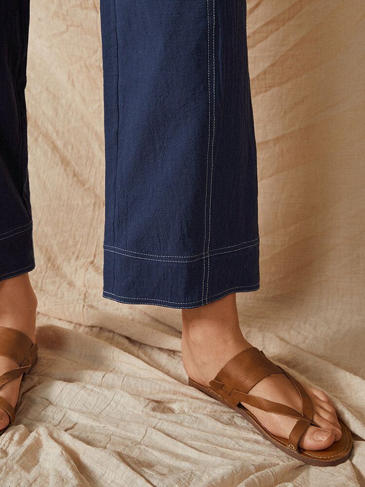 Effen Kleur Elastische Taille Casual Katoenen Rechte Been Losse Dames Broek