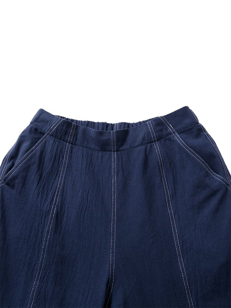 Effen Kleur Elastische Taille Casual Katoenen Rechte Been Losse Dames Broek
