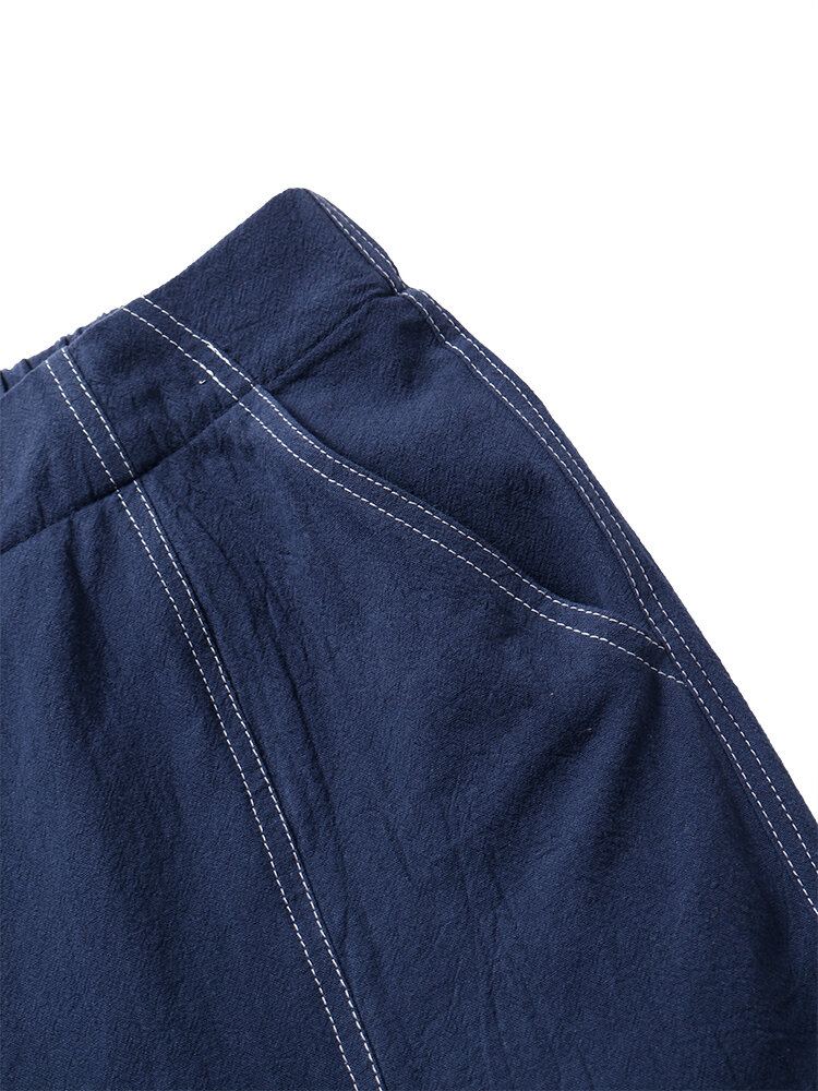 Effen Kleur Elastische Taille Casual Katoenen Rechte Been Losse Dames Broek