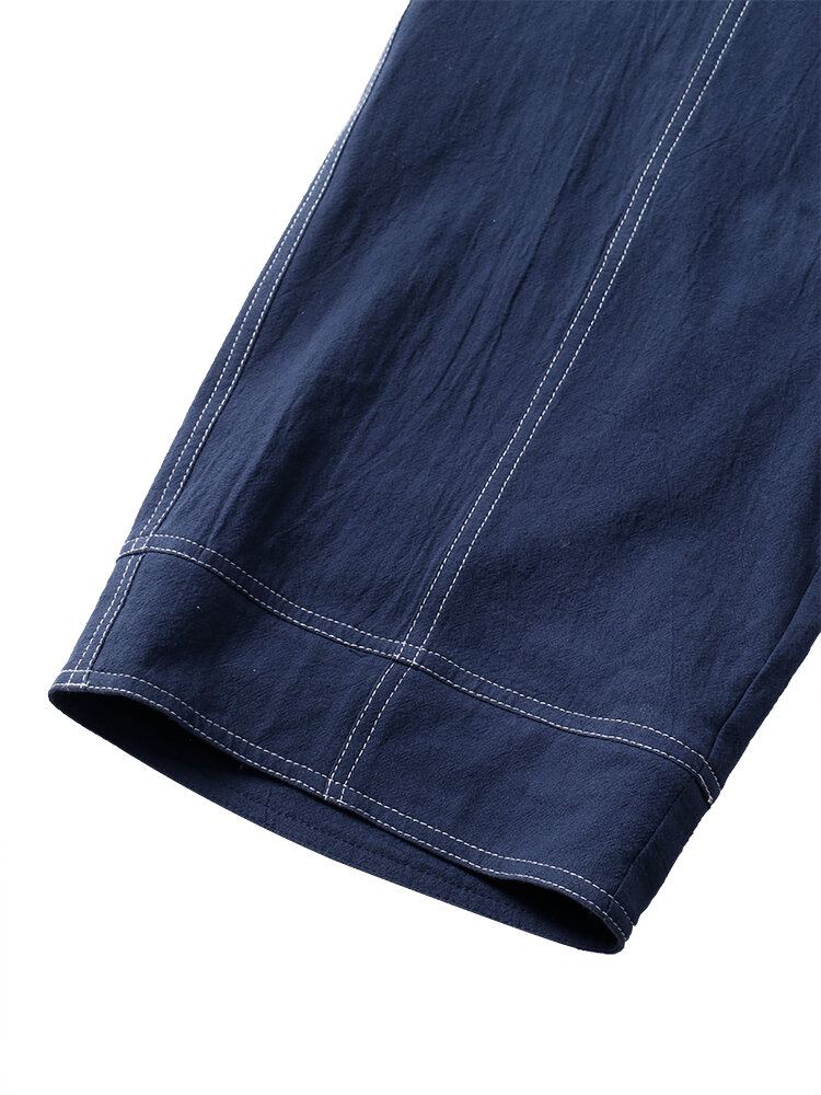 Effen Kleur Elastische Taille Casual Katoenen Rechte Been Losse Dames Broek