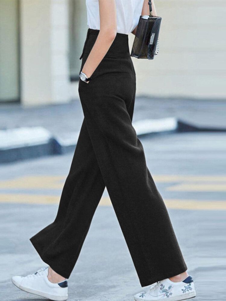 Effen Zakknoop Wijde Pijpen Hoge Taille Casual Broek