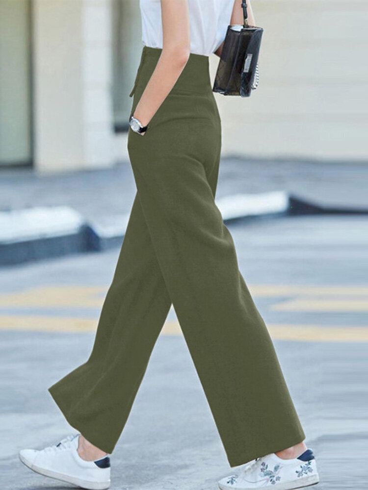 Effen Zakknoop Wijde Pijpen Hoge Taille Casual Broek