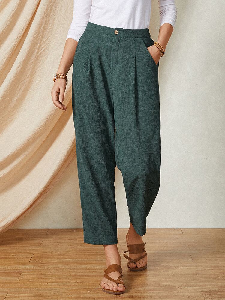 Pure Kleur Elastische Taille Knoopzak Harembroek Vrouwen Casual Bodems