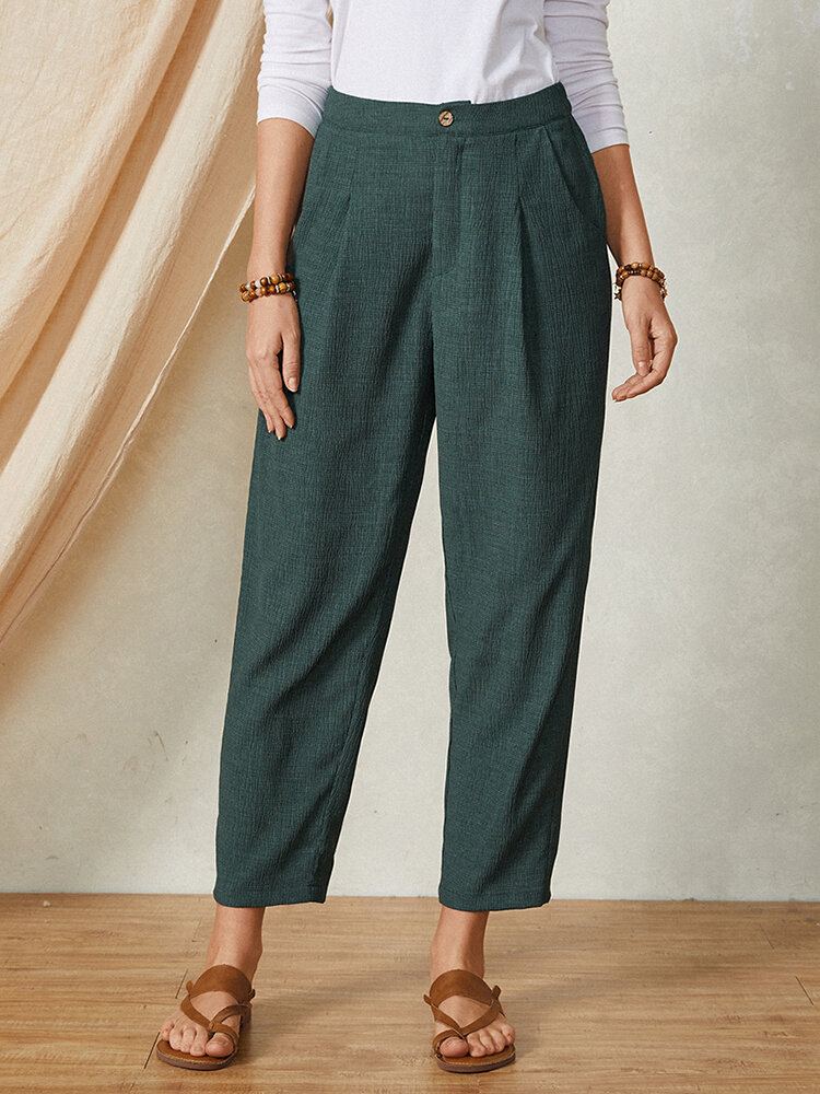 Pure Kleur Elastische Taille Knoopzak Harembroek Vrouwen Casual Bodems
