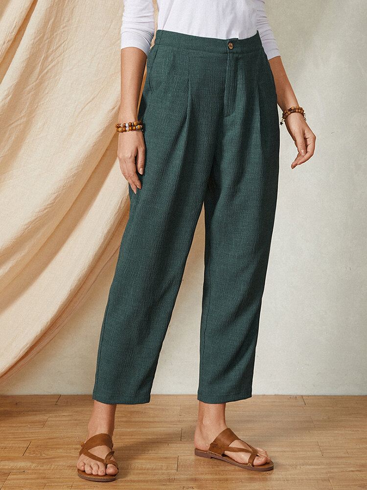 Pure Kleur Elastische Taille Knoopzak Harembroek Vrouwen Casual Bodems