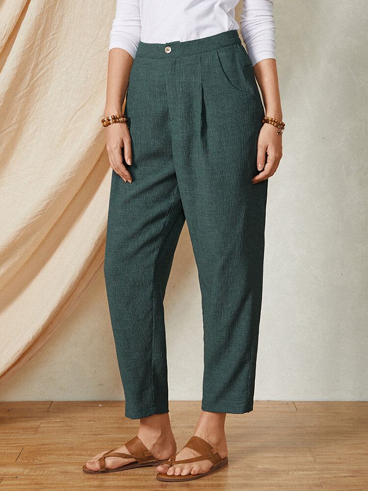 Pure Kleur Elastische Taille Knoopzak Harembroek Vrouwen Casual Bodems