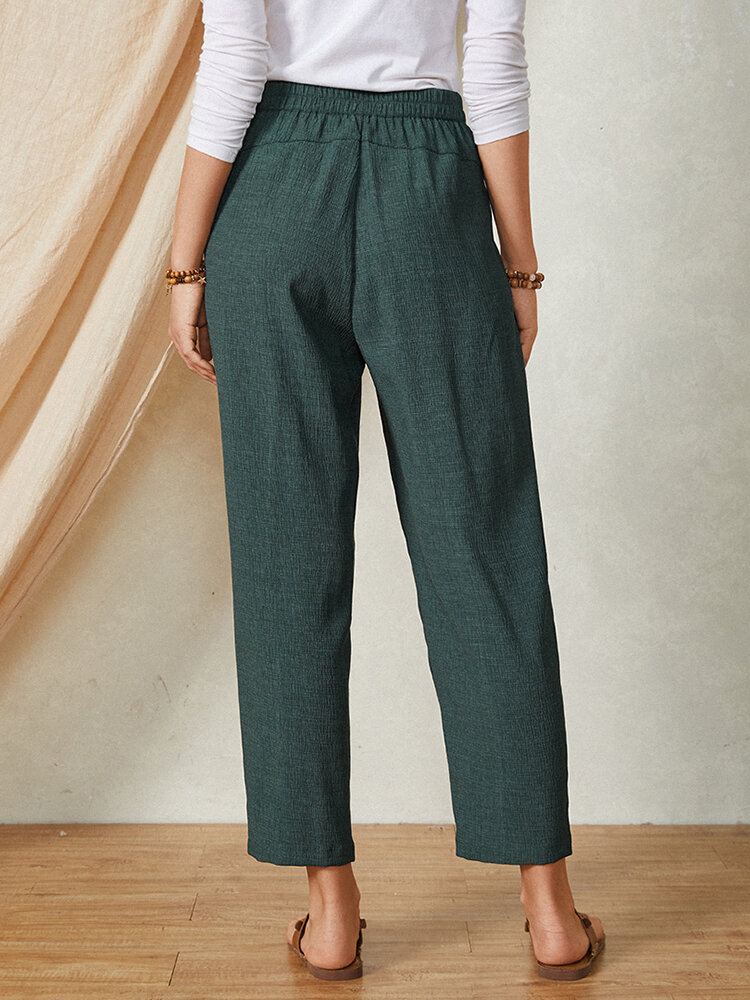 Pure Kleur Elastische Taille Knoopzak Harembroek Vrouwen Casual Bodems