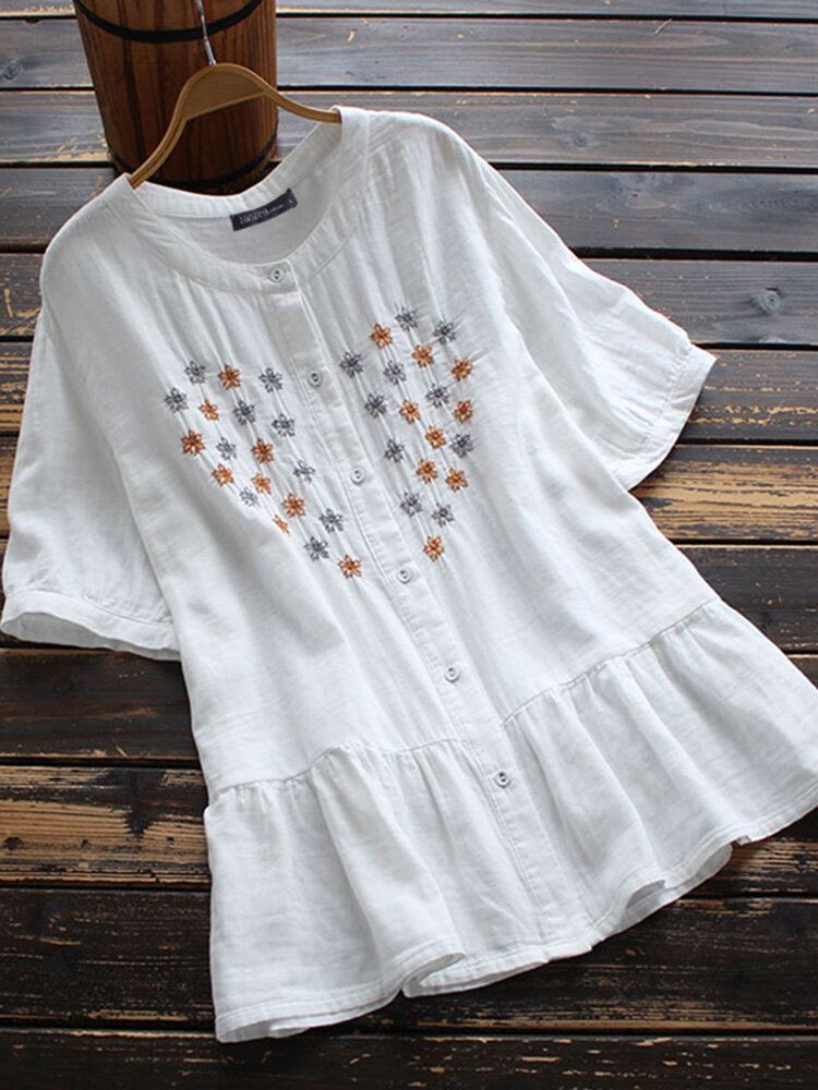100% Katoenen Blouse Met Bloemenborduursel En Korte Mouwen