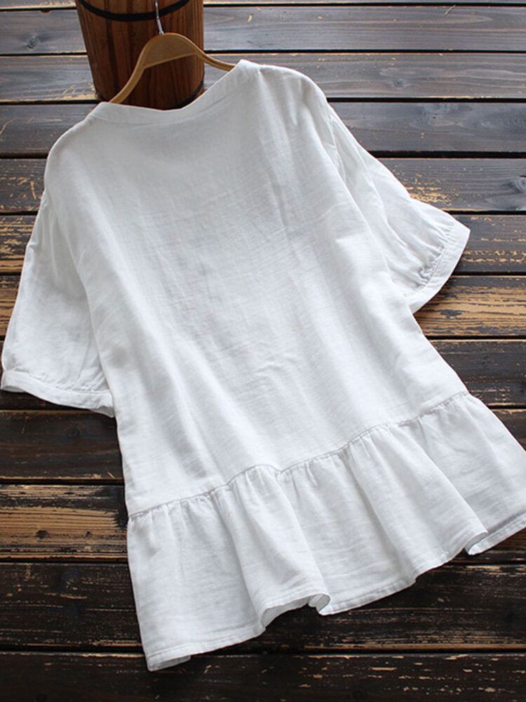 100% Katoenen Blouse Met Bloemenborduursel En Korte Mouwen