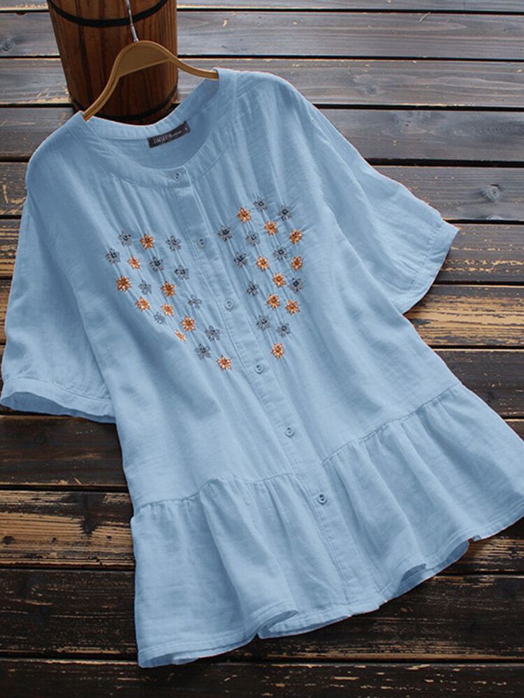 100% Katoenen Blouse Met Bloemenborduursel En Korte Mouwen