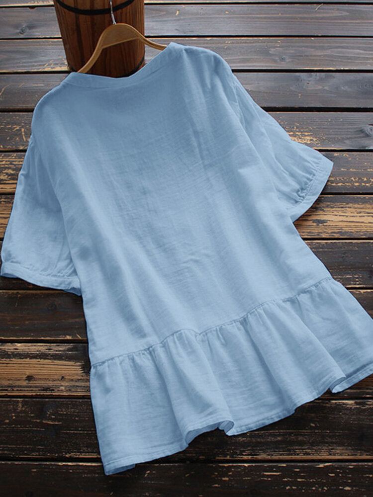 100% Katoenen Blouse Met Bloemenborduursel En Korte Mouwen