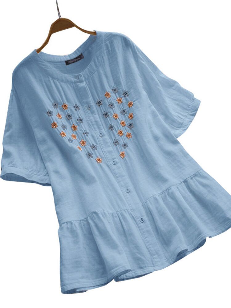 100% Katoenen Blouse Met Bloemenborduursel En Korte Mouwen