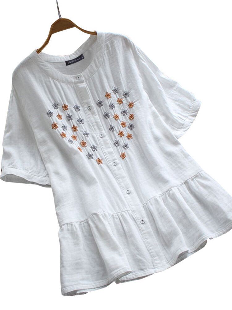 100% Katoenen Blouse Met Bloemenborduursel En Korte Mouwen