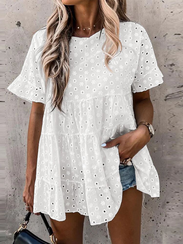 100% Katoenen Stiksels Design Lace Patchwork Bloemenborduurwerkblouse