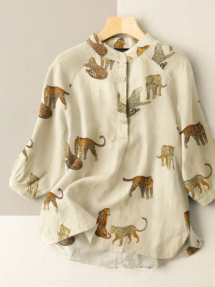 Animal Print Button Stand Kraag 3/4 Mouw Dames Blouse
