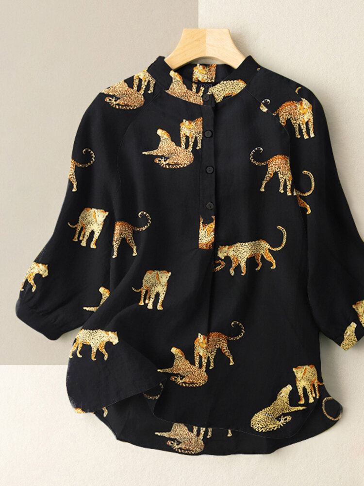 Animal Print Button Stand Kraag 3/4 Mouw Dames Blouse