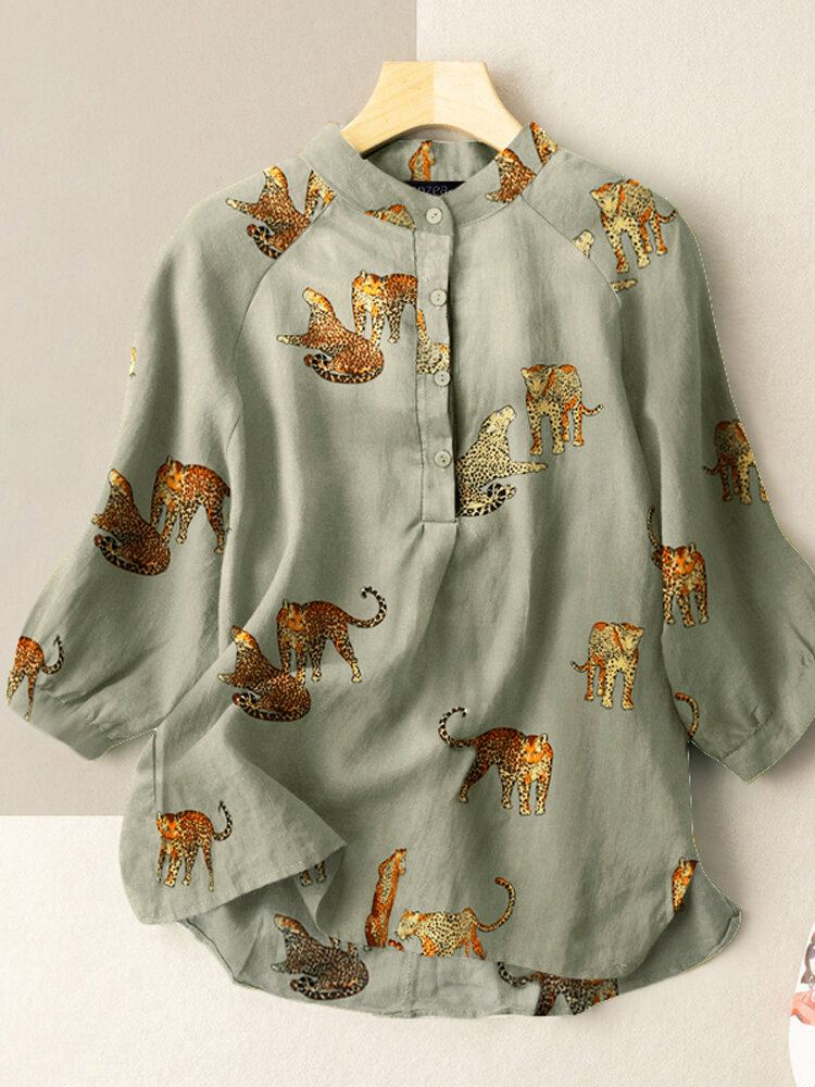 Animal Print Button Stand Kraag 3/4 Mouw Dames Blouse